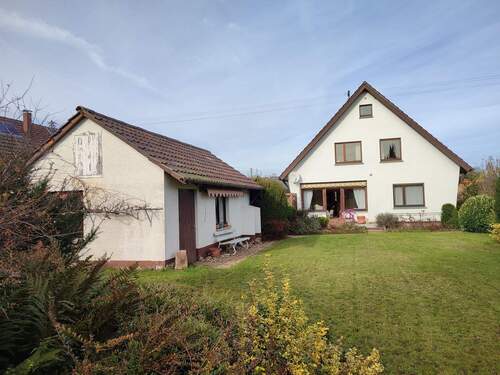 Garten, Blick zum Haus mit Garage/Abstellraum - 8 Zimmer Einfamilienhaus zum Kaufen in Neuhausen