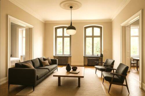 Wohnzimmer - Charlottenburg City-West: 4-Zimmer-Altbauwohnung mit 132 m², 2 Balkonen, Aufzug, Stuck & Parkett – nahe Ku’dammKaDeWe, provisionsfrei kaufen