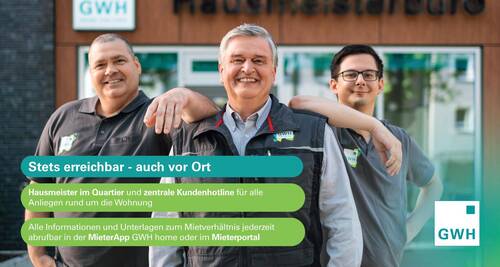 Stets erreichbar, auch vor Ort: Hausmeister im Quartier und zentrale Kundenhotline für alle Anliegen rund um die Wohnung. Alle Informationen zum Mietverhältnis sind jederzeit abrufbar in der Mieterapp GWH home oder im Mieterportal. - Etagenwohnung mit 60,10 m&sup2; in Hanau zur Miete