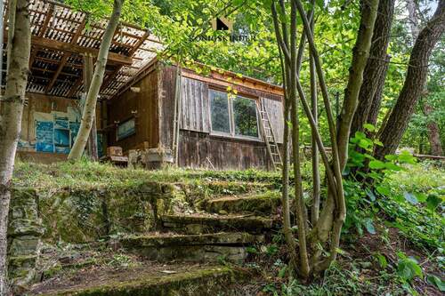 Steinstufen führen zur Gartenhütte - 