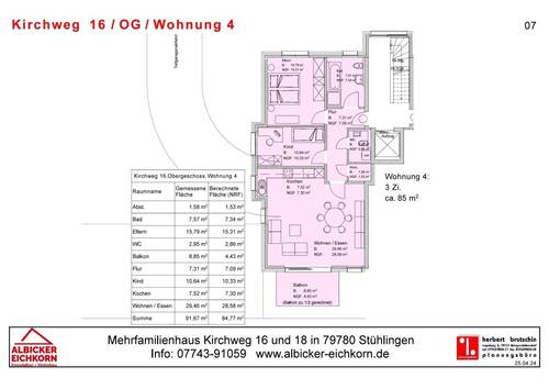Grundriss Whg. 4 Obergeschoss - 3Zi. OG mit Balkon ca. 85 m²-Wohnung 4-Kirchweg 16-79780 Stühlingen