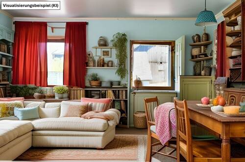 Wohnzimmer EG als Einrichtungsbeispiel (von KI erstellt) - 9 Zimmer Mehrfamilienhaus, Wohnhaus in Helmbrechts