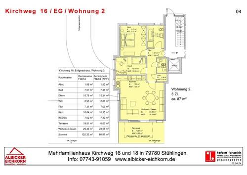 Grundriss Wohnung Nr. 2 EG - 3Zi. EG mit Terrasse ca. 87 m²-Wohnung 2-Kirchweg 16-79780 Stühlingen
