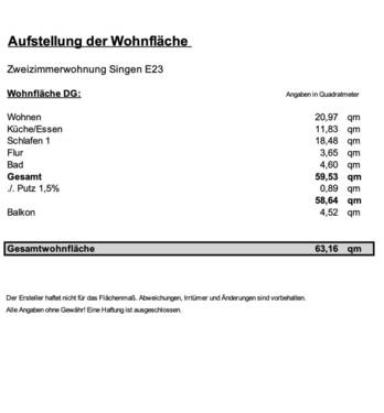 Wohnflächenaufstellung - 