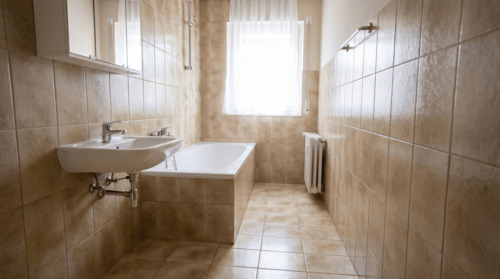 Badezimmer mit Wanne u. Fenster - 