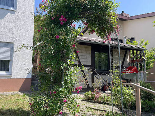 Blick auf die Rosen und das Gartenhaus - 