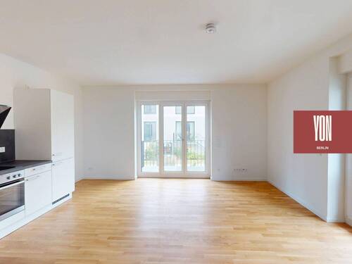 Ansicht I: Wohn- und Esszimmer mit offenem Küchenbereich - YON BERLIN - Große 3-Zimmer-Neubauwohnung mit EBK und TERRASSE in Berlin-Friedenau