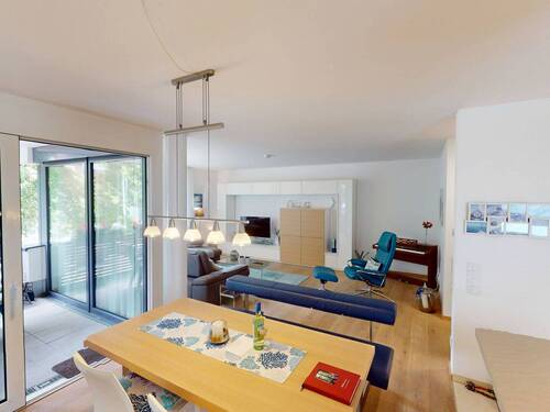 Ansicht III: Wohn- und Esszimmer mit offenem Küchenbereich - 3 Zimmer Etagenwohnung in Friedrichshafen