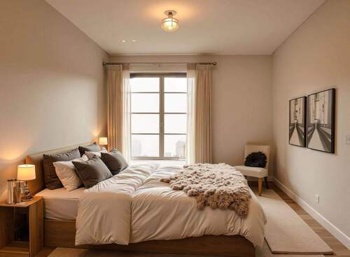 Lichtdurchflutetes Schlafzimmer mit eleganter Fensternische und harmonischer Lichtgestaltung - Etagenwohnung mit 95,90 m&sup2; in Vilshofen an der Donau zum Kaufen