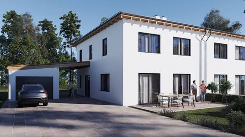 Visualisierung Außenansicht - Einziehen statt Planen: Ihre neue Doppelhaushälfte mit Kamin, Garage & Carport