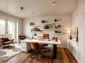 Lichtdurchflutetes Home-Office mit intelligenter Regalwand und elegantem Arbeitsplatz - 