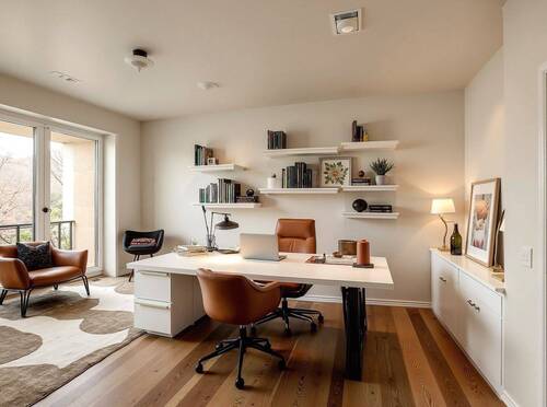 Lichtdurchflutetes Home-Office mit intelligenter Regalwand und elegantem Arbeitsplatz - 