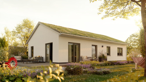 Ansicht Bungalow 100 mit Gründach - Der Bungalow mit Gründach im Neubaugebiet Helpup.