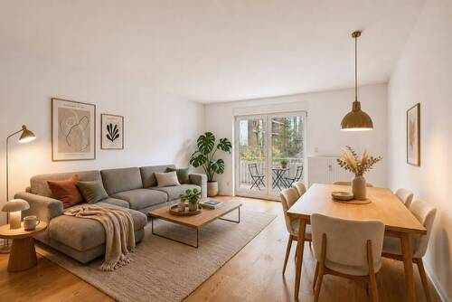 Titelbild Inserat - Wohnzimmer Staged (KI-generierter Inhalt) - DIREKT EINZIEHEN & WOHLFÜHLEN - HOCHWERTIG RENOVIERTE 3-ZI-WHG MIT SÜD-LOGGIA IM HERZEN VON STEGLITZ