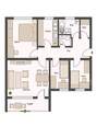 Grundriss mit Flur, Küche, Tageslichtbad, WC, Wohnzimmer, Schlafzimmer, 2 Kinderzimmer, Abstellraum und Balkon - 