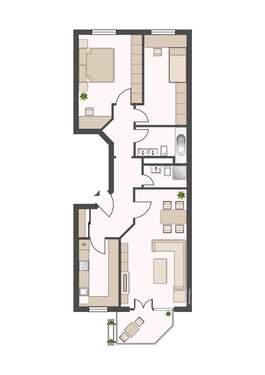 Beispielbild: Wohnzimmer mit PVC-Bodenbelag in Holzoptik mit tapezierten Wänden. - 