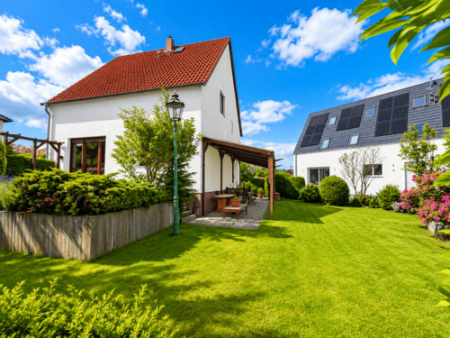 Sonniger Garten mit Terrasse und Blick auf das Haus.png - 