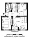 Grundriss mit Wohnzimmer (ca. 16 m²), Schlafzimmer (ca. 12,60m²), Kinder-/Arbeitszimmer (ca. 11m²), Bad (ca. 3,7m²), Küche (ca. 5,2m²), Flur (ca. 3,9m²) und Loggia (ca. 0,8m²) - 