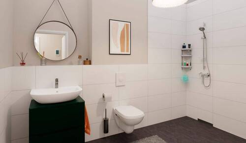 Modern gefliestes Bad mit bodengleicher Dusche - 