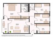 Grundriss mit Flur (5,47 m²), Bad (3,45 m²), WC (1,85 m²), Küche (7,80 m²), Wohnzimmer (19,00 m²), Schlafzimmer (15,00 m²), 2 Kinderzimmer (je 9,15 m²) und Balkon - 