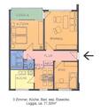 Grundriss mit Wohnzimmer, Schlaf- und KInderzimmer, Bad, sep. WC, Küche mit Essplatz und Loggia - 