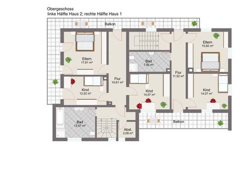 Obergeschoss Haus 2 und Haus 1 - 