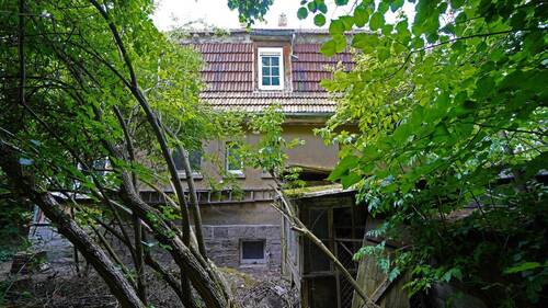 Rückansicht mit baufälligem Schuppen davor - 