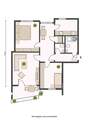 Grundriss im zweiten Obergeschoss mit ca. 85,42 m² Wohnfläche, bestehend aus Balkon, Wohnzimmer, zwei Schlafzimmern, Küche, Badezimmer und WC. - 