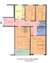 Grundriss mit Wohnzimmer, Schlaf- und 2 Kinderzimmern, Küche, WC, Bad, Flur und Loggia - 
