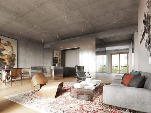 FRAM AM TACHELES Wohnbereich mit Möbeln - Loft-Whg., 74,75 qm, 3,60 m Deckenhöhe, Berlin-Mitte, Sichtbeton, bodentiefen Fenstern und große Loggia