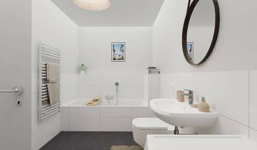 Modern gefliestes Badezimmer mit Badewanne - 