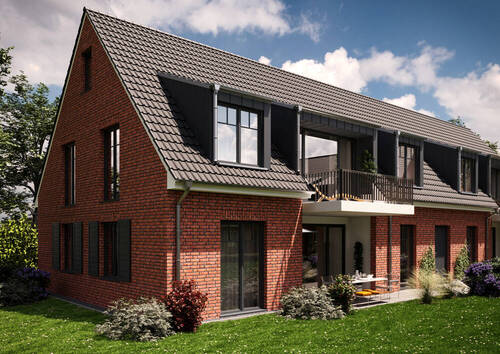 Seitenansicht - Helle Drei-Zimmer-Neubauwohnung mit Sonnenterrasse und Garten