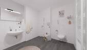 Ein modern gefliestes Badezimmer mit bodengleicher Dusche - 2 Zimmer Etagenwohnung in Rostock
