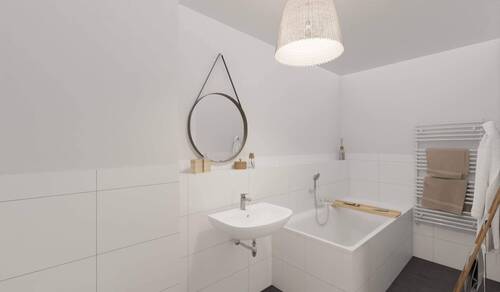 Modern gefliestes Badezimmer mit Badewanne - 