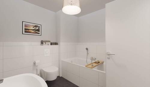 Modern gefliestes Badezimmer mit Badewanne - 