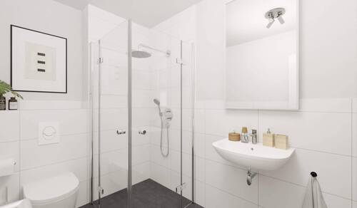 Modern gefliestes Badezimmer mit bodengleicher Dus - 