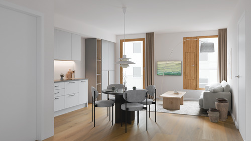 Wohnzimmer - Kühloption, lichtdurchflutet, ganz oben bis zu 4,5 m hohen Decken, Lifthaltestelle in der Wohnung!