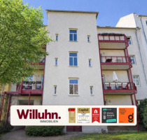Leipzig-Gohlis: Balkon zum begrünten Innenhof | Mosaik-Parkett | separate Küche