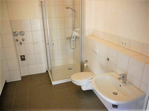 Das Bad mit Dusche, WC und Waschbecken - 