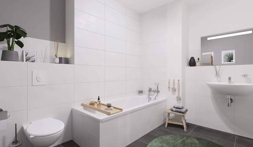 Das Badezimmer ist modern ausgestattet und enthält eine Badewanne - 