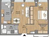 Grundriss (55,23 m²) mit offener Küche, Flur, Bad , Wohnzimmer, Schlafzimmer, - 