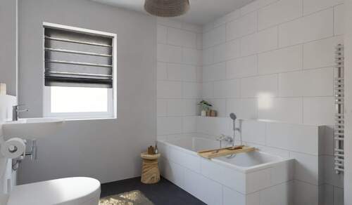 Modern gefliestes Tageslichtbad mit Badewanne und - 