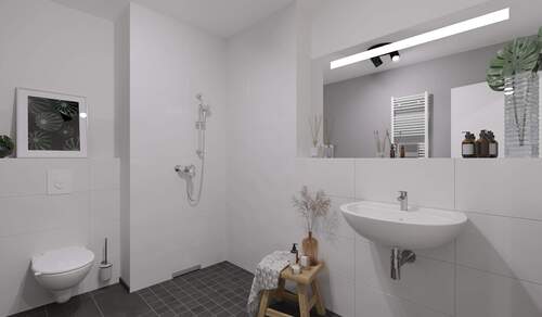 Ein modern gefliestes Badezimmer mit bodengleicher - Etagenwohnung mit 77,00 m² in Rostock zum Kaufen