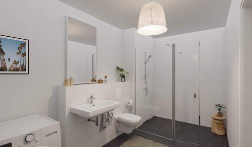 Modern gefliestes Badezimmer mit bodengleicher Dus - 