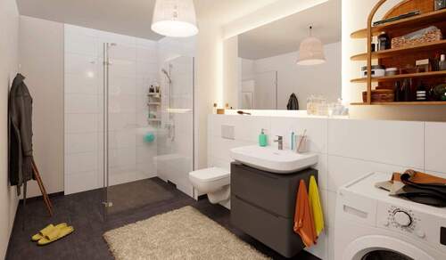 Badezimmer mit bodengleicher Dusche und Duschtrenn - Etagenwohnung mit 67,30 m² in Düsseldorf zum Kaufen