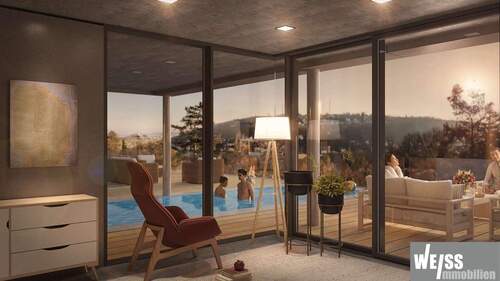 Blick vom Gästezimmer auf Pool - 