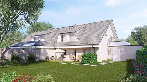 Gartenansicht - EIN - ZWEIFAMILIENHAUS, DHH, Vollkeller raumhoch, große Garagen-Gartenfläche - Nähe Teutoburger Wald