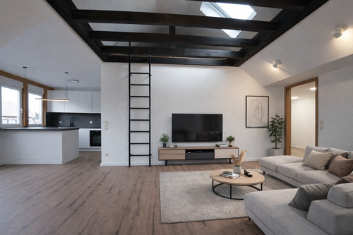 Wohn-Essbereich - Top renovierte 3,5-Zimmer-Atelierwohnung mit EBK u. Südbalkon in bevorzugter Aussichtslage