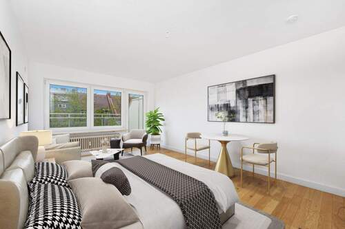 Wohnen/Essen/Schlafen - virtuelle Renovierung - Renovierungsbedürftig, aber voller Potenzial - 1-Zimmer-Wohnung mit Dachterrasse in Schwabing
