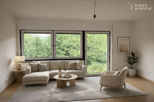 Beispiel Foto Wohnzimmer KI generiert - Modernisiertes Familienglück mit großer Terrasse - 4-Zimmer-Erdgeschosswohnung zum Erstbezug